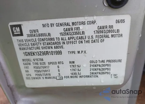 2006 Chevrolet Tahoe Z71 from USA, damaged, VIN 1GNEK13Z96R101999